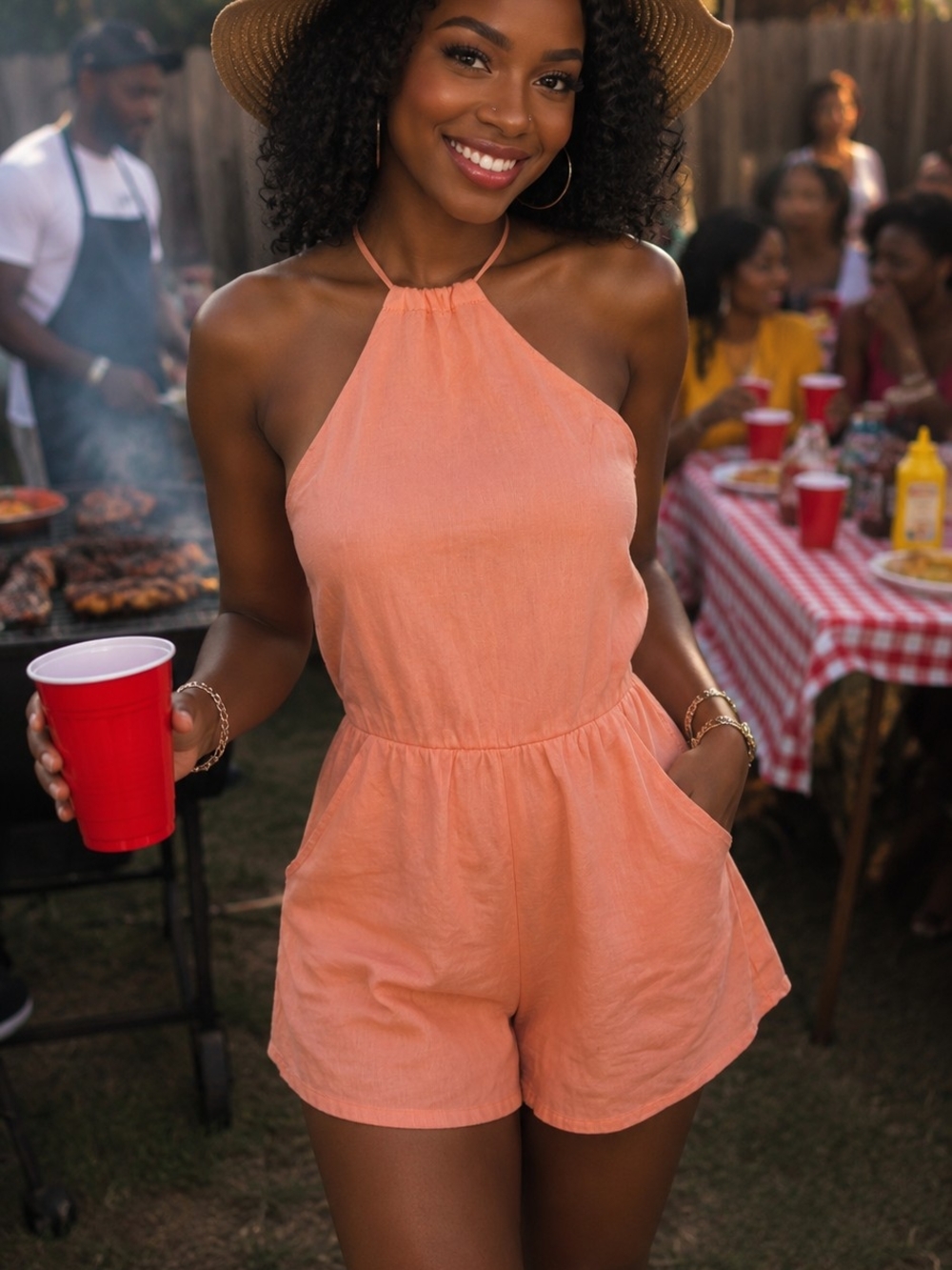 Sleeveless Halter Romper in Coral Peach